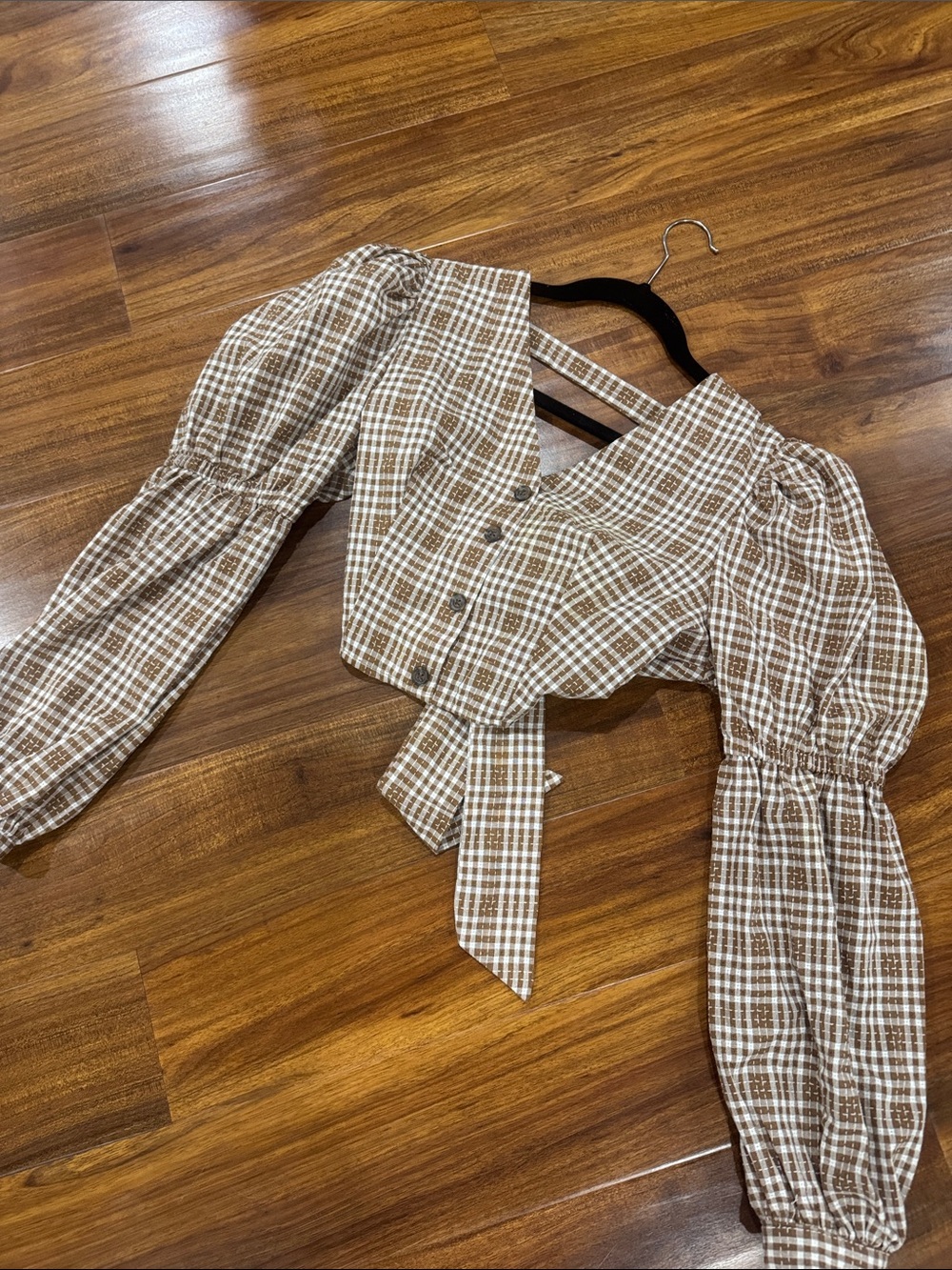 Brown Plaid Tie-Front Puff Sleeve Top